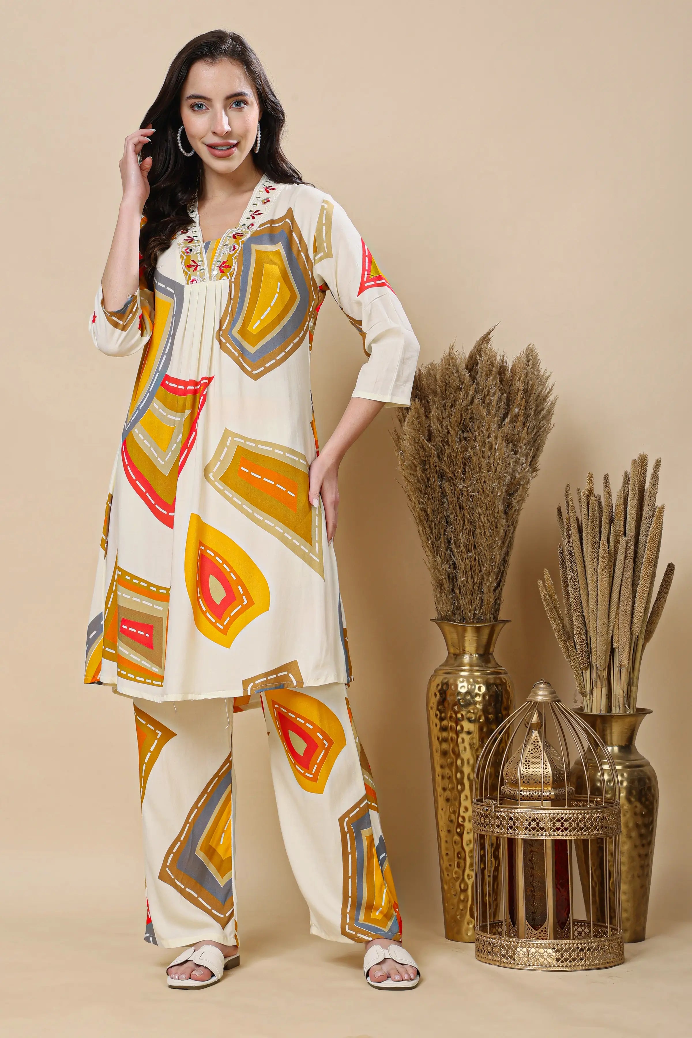 Women wearing RABRIC mul cotton printed co-ord set front view